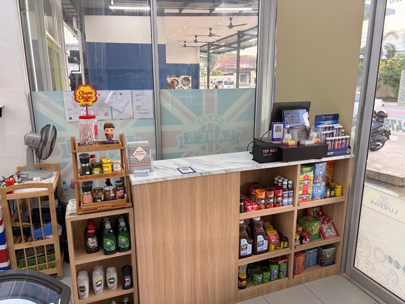 Shop counter with British sauces, drinks and condiments in Darkside, Pattaya