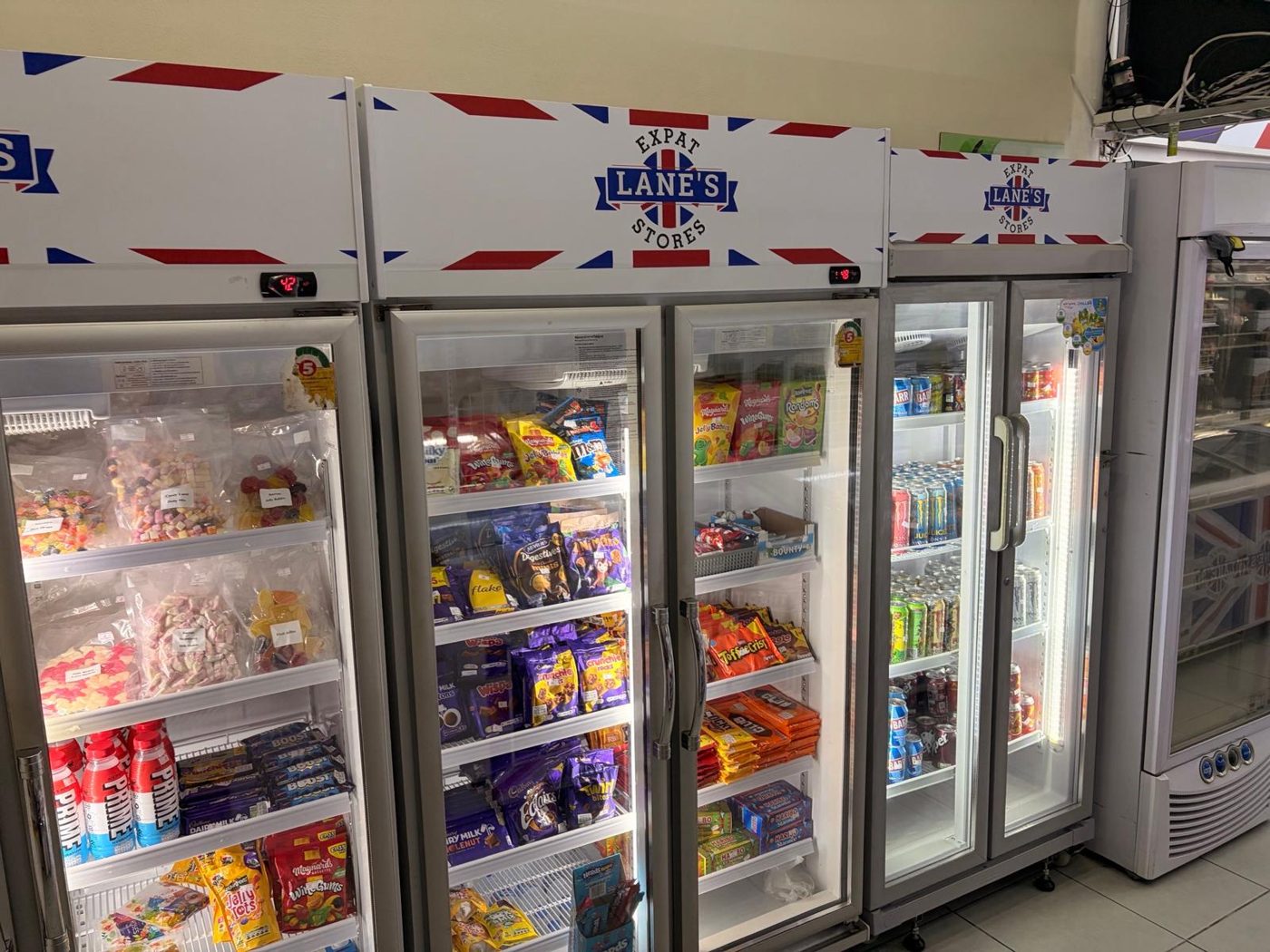 Fridges stocked with British foods behind Union Jack branding