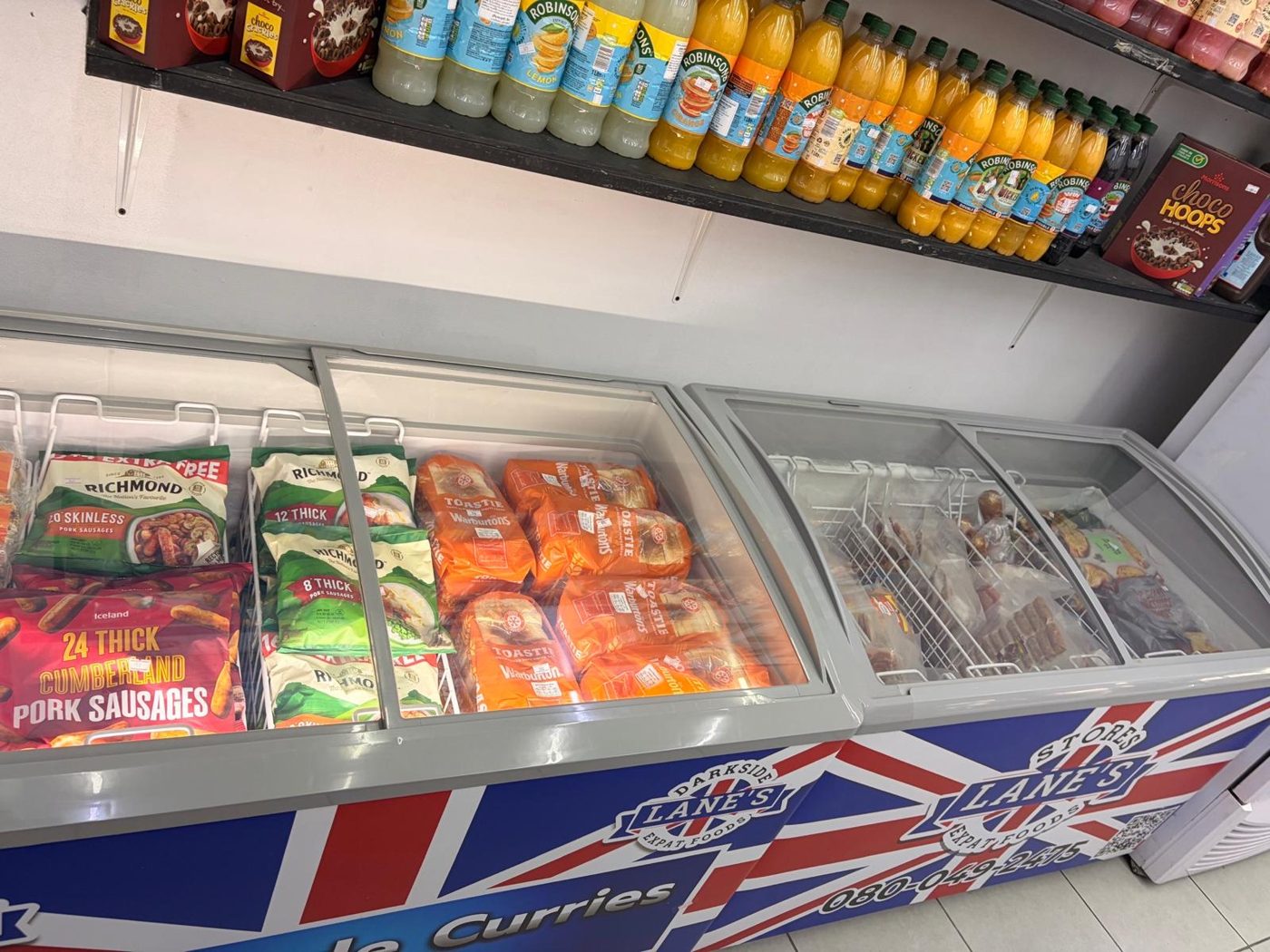 Frozen British foods and squash on the shelves at Lane's Expat Stores