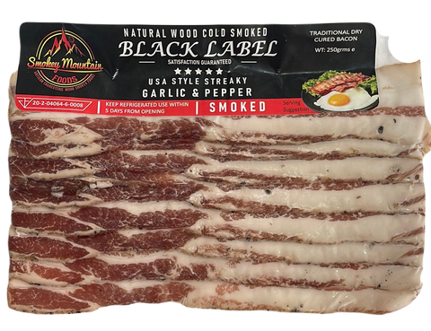 Streaky garlic and pepper bacon